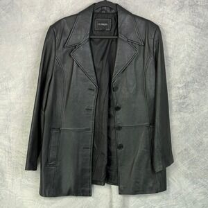 Vtg y2k 90s Womens Leather Blazer Jacket Black Size L Button Front Classic